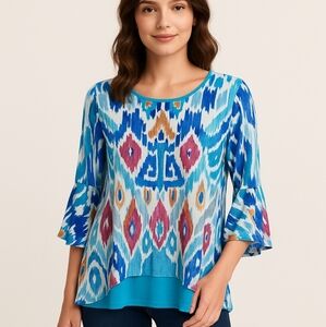 Calessa Blue Colorful Patterned Boho Layered Blouse Size Medium NWT!